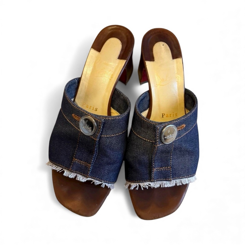 Christian Louboutin Denim Blue Open-Toe Wedge Sandals with Red Heel Accent - Picture 5 of 11